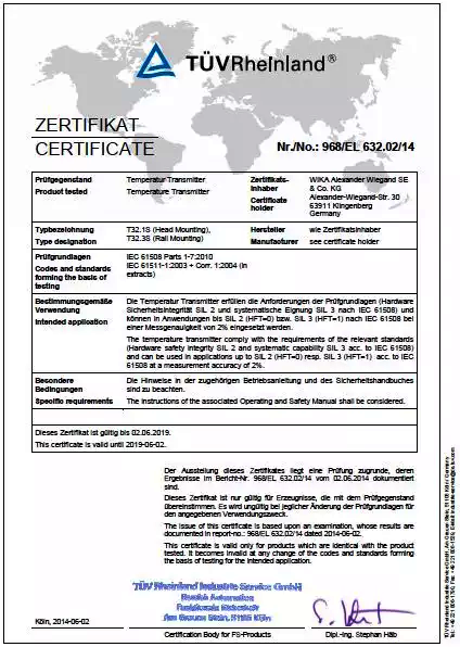 TüV頒發給WIKA溫度變送器的FS證書 TüV頒發給WIKA溫度變送器的FS證書